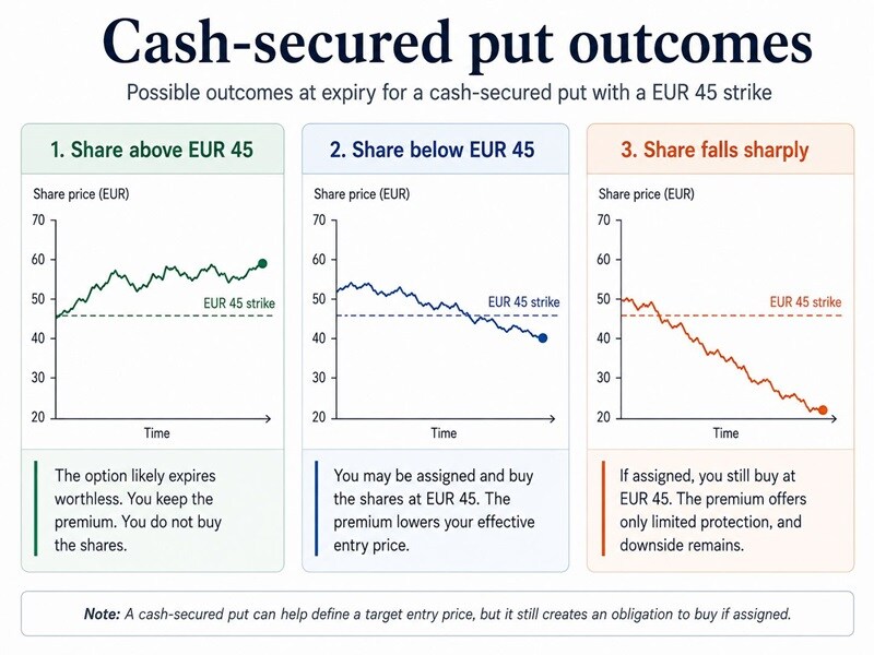 Table showing possible cash-secured put outcomes when the share price stays above the strike, falls below the strike, or falls sharply.