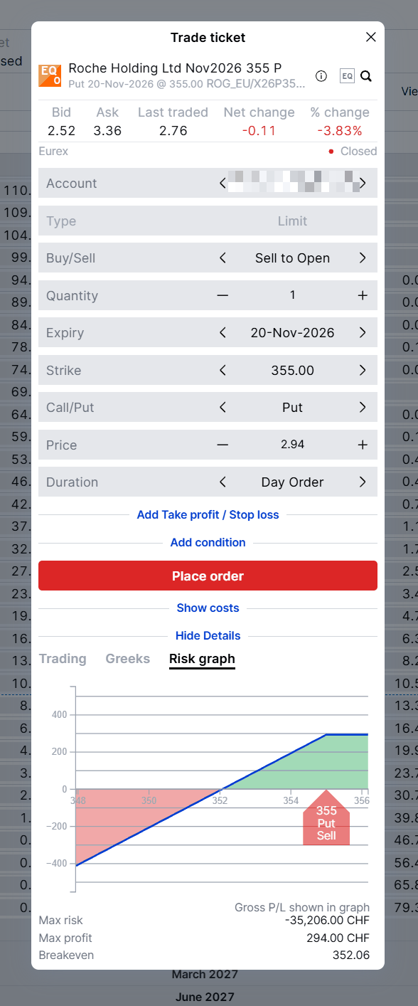 The 355 put in the SaxoTrader trade ticket, with the platform’s risk graph, max risk, max profit and break-even. Hypothetical, for education only. Past performance is not indicative of future results; figures are illustrative and not predictive. Source: SaxoTrader, as of 19 October 2026.